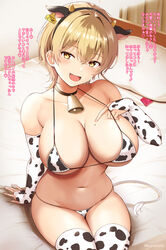  :d animal_ears animal_print ass_visible_through_thighs bare_shoulders bell bikini blonde_hair blush breasts bridal_gauntlets chinese_zodiac cleavage collar collarbone commentary_request condom condom_wrapper cow_ears cow_girl cow_horns cow_print cow_print_bikini cow_tail cowbell ear_tag elbow_gloves fake_animal_ears fake_horns female gloves hair_between_eyes hairband hand_up highres horns huge_breasts looking_at_viewer micro_bikini mole mole_on_breast mole_under_eye navel neck_bell oerba_yun_fang on_bed open_mouth original pillow print_bikini print_gloves print_thighhighs short_hair sitting smile solo stomach string_bikini swimsuit tail takaharu thighhighs translation_request twitter_username white_thighhighs year_of_the_ox yellow_eyes 