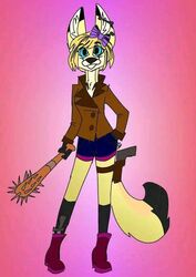  accessory anthro baseball_bat bat_(object) blue_eyes boots bottomwear bow_ribbon canid canine clothing dipstick_tail ear_piercing female fennec_fox footwear fox fur gun hair_accessory hair_ribbon hairbow hotpants jacket julie_chirpster knee_highs knife legwear mammal markings piercing ranged_weapon ribbons scene_haircut shorts solo tail tail_markings tan_body tan_fur topwear true_fox unknown_artist weapon 