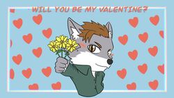  16:9 2022 anthro blue_border blush border brown_hair canid canine chibi clothed clothing colored corsac_fox digital_media_(artwork) english_text flower fox fully_clothed fur gift green_clothing green_shirt green_topwear grey_body grey_fur hair half-length_portrait heart_symbol hi_res holidays inner_ear_fluff looking_at_viewer male mammal mnesis outstretched_arm plant portrait shirt simple_background smile smiling_at_viewer solo super-nova swaggy_tamago text topwear true_fox tuft valentine&#039;s_day widescreen 