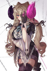  absurdres arm_under_breasts black_shorts blonde_hair blue_eyes blush breasts brown_gloves brown_jacket closed_mouth commentary_request contrapposto demon_horns female flaming_horns garter_straps gloves glowing glowing_eye hair_ribbon hand_on_own_face hand_up highres horns jacket lace_trim large_breasts long_hair looking_at_viewer marchen_(torriet) md5_mismatch original pink_eyes resolution_mismatch ribbon shirt short_sleeves shorts skull solo source_smaller thighhighs torriet white_shirt wide_sleeves 