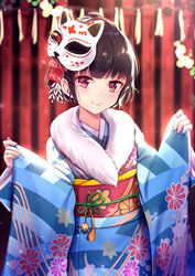  black_hair blue_kimono blurry blurry_background blush closed_mouth commentary_request female fingernails floral_print fox_mask fur_collar fur_trim hair_ornament japanese_clothes kimono long_sleeves looking_at_viewer mask mask_on_head new_year obi original pinching_sleeves print_kimono purple_eyes red_eyes revision sash short_hair smile solo standing wide_sleeves yan_(nicknikg) 