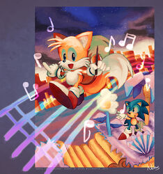  blue_body blue_fur canid canine duo eulipotyphlan flower fox fur hedgehog male mammal missneens multi_tail musical_note night open_mouth plant sega sky smile sonic_the_hedgehog_(series) star tail tails white_body white_fur yellow_body yellow_fur 