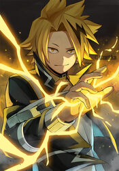  1boy ashes bad_id bad_pixiv_id belt_collar black_hair black_jacket blonde_hair boku_no_hero_academia collar disc_shooter electricity electrokinesis embers hand_up high_collar highres jacket kaminari_denki lightning_bolt_symbol long_bangs looking_at_viewer male_focus multicolored_hair parted_bangs raised_eyebrow shirt short_hair smirk smoke solo spiked_hair streaked_hair tonbanlove twitter_username upper_body white_shirt yellow_eyes 