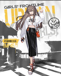  arm_up black_choker black_skirt breasts brown_eyes brown_hair casual cellphone character_name chinese_text choker colored_shoe_soles copyright_name english_text female full_body girls&#039;_frontline headphones headphones_around_neck highres holding holding_phone id_card long_hair long_skirt long_sleeves looking_at_viewer navel official_alternate_costume official_art one_side_up open_mouth orange_bag parted_lips phone print_shirt promotional_art red_footwear scar scar_across_eye shirt shoes skirt small_breasts smartphone smile sneakers solo standing umo_(mica_team) ump45_(corona_sunset)_(girls&#039;_frontline) ump45_(girls&#039;_frontline) white_shirt 