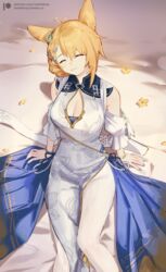  ^_^ animal_ears arknights blonde_hair breasts china_dress chinese_clothes cleavage closed_eyes dress facing_viewer female hair_ornament highres kroos_(arknights) kroos_the_keen_glint_(along_the_corridor)_(arknights) kroos_the_keen_glint_(arknights) nashidrop rabbit_ears sitting smile solo 