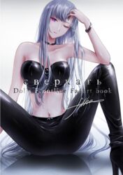  ak-12_(girls&#039;_frontline) alternate_costume artist_name ass bare_shoulders belt black_belt black_footwear black_pants black_tank_top boots breasts choker cleavage closed_mouth commentary_request cover cover_page doujin_cover female filha girls&#039;_frontline grey_hair hand_in_own_hair high_heel_boots high_heels latex_top leather leather_pants lips long_hair looking_at_viewer medium_breasts navel on_floor one_eye_closed pants partial_commentary purple_eyes ranguage russian_text simple_background sitting solo spread_legs tank_top translated very_long_hair 