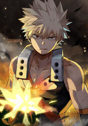  1boy arms_at_sides ashes bad_id bad_pixiv_id bakugou_katsuki bare_shoulders biceps black_tank_top blonde_hair boku_no_hero_academia collarbone detached_sleeves embers explosion eyes_visible_through_hair fire gloves hand_up highres looking_at_viewer male_focus muscular muscular_male narrowed_eyes parted_lips pectoral_cleavage pectorals pyrokinesis raised_eyebrow red_eyes scowl shirt short_hair skin_tight sleeveless smoke solo sparks spiked_hair tank_top tonbanlove twitter_username upper_body v-neck v-shaped_eyebrows vambraces x 