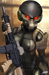  assault_rifle bodysuit breasts commission female frogs_(metal_gear) glowing glowing_eyes gun helmet highres holding holding_gun holding_weapon looking_at_viewer m4_carbine m4_sopmod_ii medium_breasts metal_gear_(series) metal_gear_solid metal_gear_solid_4:_guns_of_the_patriots original rifle signature sitting skeb_commission skin_tight solo sunao_(70_the) weapon 