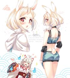  2girls ahoge animal_ears artist_name ass bare_shoulders blue_shorts blush blush_stickers commentary facial_mark fangs fox from_behind hair_between_eyes hair_ornament highres japanese_clothes kimono lazoomaiga long_hair long_sleeves looking_at_viewer multiple_girls multiple_views original rabbit_ears rabbit_girl rabbit_tail red_eyes short_shorts shorts smile tail whisker_markings white_hair white_kimono wide_sleeves 