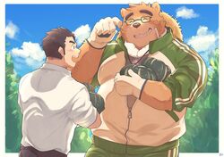  2boys animal_ears bandaid bandaid_on_face bara bear_boy bear_ears belly belt blue_sky blush border brown_hair closed_eyes commentary_request food furry furry_male glasses gloves hand_on_own_face hat highres holding holding_food holding_vegetable large_pectorals looking_at_another male_focus multiple_boys muscular muscular_male open_mouth outdoors outside_border pectorals protagonist_3_(housamo) sawch_cls shirt sky squash straw_hat thick_eyebrows tokyo_afterschool_summoners vegetable volos_(housamo) white_border zipper 