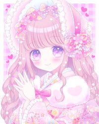  blush bonnet bow brown_hair closed_mouth commentary_request female fingernails floral_print frilled_sleeves frills fur_collar hairbow hands_up heart highres himetsuki_luna japanese_clothes kimono long_fingernails long_hair long_sleeves looking_at_viewer nail_polish original pink_bow pink_headwear pink_kimono plaid plaid_background print_kimono purple_background purple_bow purple_eyes signature smile solo steepled_fingers twitter_username upper_body wide_sleeves 