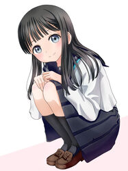  akebi-chan_no_serafuku akebi_komichi black_hair black_sailor_collar black_skirt black_socks blue_bow blue_eyes blue_neckerchief blunt_bangs bow brown_footwear female highres kneehighs loafers long_hair long_sleeves neckerchief pleated_skirt roubai_academy_school_uniform_(old) sailor_collar school_uniform serafuku shirt shoes skirt socks solo squatting tk_(tk47773) white_shirt 