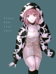  2021 alternate_costume animal_print black_choker black_socks breasts brown_skirt chinese_zodiac choker cleavage collarbone commentary_request cow_print danganronpa_(series) danganronpa_2:_goodbye_despair feet_out_of_frame female green_background happy_new_year hood hood_up hooded_jacket jacket kneehighs long_sleeves looking_at_viewer medium_breasts medium_hair nanami_chiaki new_year open_clothes open_mouth pink_eyes pink_hair sakuyu simple_background skirt socks solo year_of_the_ox 