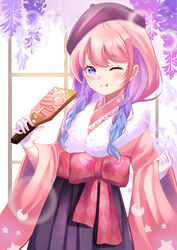  ;p ahoge alternate_costume artist_request beret blush braid female flower gloves hagoita hair_flower hair_ornament hat heterochromia highres himemori_luna himemori_luna_(new_year) hololive japanese_clothes kimono long_hair long_sleeves looking_at_viewer one_eye_closed paddle pink_hair plant smile tongue tongue_out twin_braids virtual_youtuber window 