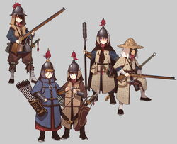  5girls armor army arrow_(projectile) black_hair blue_eyes bow_(weapon) brigandine_(armor) brown_hair bumianjia cape changdao china chinese_armor chinese_clothes chinese_empire commentary dao fangdan_runiu full_armor grey_background gun hair_between_eyes hair_over_one_eye handcannon hat helmet holding holding_gun holding_weapon looking_at_viewer mace military ming_dynasty multiple_girls musket original purple_eyes qing_dynasty quiver sheath sheathed simple_background smile sword two-handed_sword weapon 