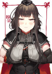  alternate_uniform black_cloak black_gloves black_headwear black_necktie blush braid breast_hold breasts brown_hair character_name cloak dsr-50_(girls&#039;_frontline) female girls&#039;_frontline gloves highres large_breasts long_hair looking_at_viewer necktie oyk_(signx) red_eyes simple_background solo twin_braids 