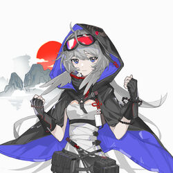  ahoge arknights bead_bracelet beads black_bag black_cape black_gloves blue_eyes bracelet cape feather_hair female fingerless_gloves gloves goggles goggles_on_head grey_shirt hands_up highres hood hood_up hooded_cape jewelry long_hair looking_at_viewer mulberry_(arknights) panda pouch s_4ik4 shirt simple_background smile solo upper_body white_background 