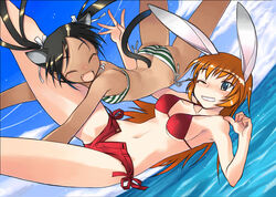  2girls animal_ears ass bikini black_hair blue_eyes breasts cat_ears cat_girl cat_tail charlotte_e._yeager closed_eyes cloud commentary_request contrail dark-skinned_female dark_skin day falling fangs francesca_lucchini hair_ribbon long_hair medium_breasts multiple_girls nakamura_tetsuya navel one_eye_closed open_mouth orange_hair outdoors rabbit_ears rabbit_girl ribbon short_shorts shorts side-tie_bikini_bottom sky small_breasts smile strike_witches striped_bikini striped_clothes swimsuit tail teeth twintails unzipped water world_witches_series 