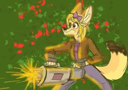  accessory angry anthro big_ears bottomwear bow_ribbon canid canine clothing denim denim_bottomwear denim_clothing determined dipstick_tail female fennec_fox fingerless_gloves fox fur gatling_gun gloves gun hair_accessory hair_ribbon hairbow handwear jacket jeans julie_chirpster machine_gun mammal markings minigun pants pew_pew purple_clothing purple_shirt purple_topwear ranged_weapon ribbons shirt solo tail tail_markings tan_body tan_fur topwear true_fox unknown_artist weapon 