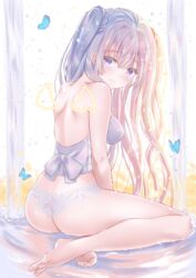  ass bare_shoulders barefoot breasts bug bustier butterfly commentary_request female from_behind fujimori_shiki grey_hair highres lingerie long_hair looking_at_viewer looking_back medium_breasts original panties purple_eyes shoulder_blades smile solo thighs two_side_up underwear white_panties 