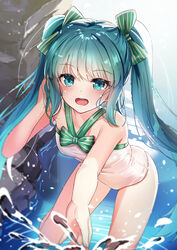  aqua_eyes aqua_hair bad_id bad_pixiv_id blurry blurry_foreground blush bow breasts commentary depth_of_field female hairbow hand_in_own_hair hatsune_miku highres leaning_forward long_hair looking_at_viewer one-piece_swimsuit open_mouth revision small_breasts solo splashing standing striped striped_bow swimsuit twintails very_long_hair vocaloid wading water white_one-piece_swimsuit yan_(nicknikg) 