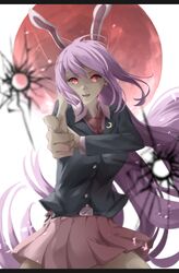  animal_ears bad_id bad_twitter_id belt blazer bullet_hole crescent crescent_pin female finger_gun glowing glowing_eyes hair_between_eyes highres jacket letterboxed light_purple_hair long_hair long_sleeves looking_at_viewer moon necktie open_mouth otomeza_ryuseigun pink_skirt pleated_skirt rabbit_ears red_eyes red_moon reisen_udongein_inaba skirt solo thighs touhou 