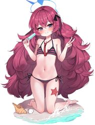  2drr ass_visible_through_thighs bare_arms bare_legs bare_shoulders barefoot big_hair bikini black_ribbon blue_archive blush commentary_request conch female flat_chest food full_body grin hair_between_eyes hair_ribbon halo head_tilt holding holding_food iroha_(blue_archive) kneeling long_hair md5_mismatch navel necktie paid_reward_available popsicle purple_eyes red_hair red_necktie resolution_mismatch ribbon seashell shell side-tie_bikini_bottom simple_background smile solo source_larger starfish striped_bikini striped_clothes swimsuit very_long_hair water white_background 