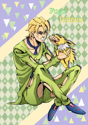  1boy angry argyle_background biting biting_another&#039;s_hand blonde_hair blood blue_eyes blue_footwear blue_necktie clover club_(shape) commentary_request crossover diamond_(shape) earrings food food_print fruit full_body green_pants green_shirt heart highres jewelry jojo_no_kimyou_na_bouken jolteon kogawa_(kris_386k) male_focus necktie pannacotta_fugo pants pokemon pokemon_(creature) shirt shoes spade_(shape) strawberry strawberry_print stud_earrings triangle 