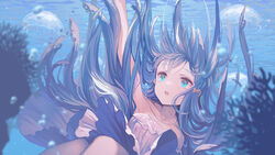  :o blue_eyes blue_hair blue_theme bow bubble collarbone dress female flower flower_necklace hairbow highres indie_virtual_youtuber jellyfish jewelry long_hair mihanada_somaru necklace ritsuki sinking solo strapless strapless_dress underwater virtual_youtuber water 