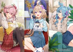  3girls :d ahoge blonde_hair blue_eyes blue_hair blue_nails blue_skirt blue_wings bow breasts cellphone cleavage column_lineup corded_phone cup denim denim_skirt dress elira_pendora enna_alouette hair_ornament hair_over_one_eye hairbow head_wings holding holding_cup holding_phone long_hair low_twintails medium_hair multicolored_hair multiple_girls nijisanji nijisanji_en official_art one_eye_covered open_mouth phone pillow pink_eyes pink_hair plaid plaid_dress pleated_skirt purple_bow purple_eyes red_dress rosemi_lovelock saino_misaki sample_watermark short_sidetail skirt smart_falcon_(umamusume) smartphone smile socks sweater_vest talking_on_phone teacup twintails very_long_hair virtual_youtuber watermark white_hair white_socks white_sweater_vest wings x_hair_ornament yellow_eyes 