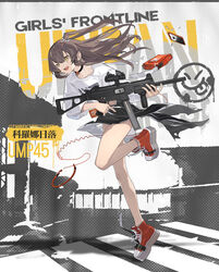  bag black_choker black_skirt breasts brown_eyes brown_hair buruma casual cellphone character_name chinese_text choker colored_shoe_soles copyright_name english_text female full_body girls&#039;_frontline grin gun h&amp;k_ump headphones headphones_removed highres holding holding_gun holding_weapon id_card legs long_hair long_skirt long_sleeves looking_away official_alternate_costume official_art one_side_up open_mouth orange_bag phone print_shirt promotional_art red_footwear scar scar_across_eye shirt shoes skirt small_breasts smartphone smile sneakers solo standing standing_on_one_leg submachine_gun torn_clothes torn_footwear torn_shirt torn_skirt umo_(mica_team) ump45_(corona_sunset)_(girls&#039;_frontline) ump45_(girls&#039;_frontline) unworn_bag weapon white_shirt 