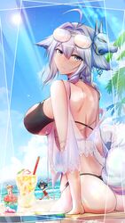  3girls aged_down akagi-chan_(azur_lane) alternate_costume animal_ears ass aviator_sunglasses azur_lane bare_shoulders beach bikini black_choker black_hair blue_bow blush bow braid breasts brown_hair choker closed_eyes commentary competition_swimsuit criss-cross_halter day eyewear_on_head fox_ears fox_girl fox_mask fox_tail hair_ornament hairbow halterneck highleg highleg_bikini highres large_breasts little_renown_(azur_lane) long_hair looking_at_viewer looking_back mask mask_on_head multiple_girls ocean official_alternate_costume one-piece_swimsuit outdoors palm_leaf red_one-piece_swimsuit ru-ne running short_hair sky smile summer sunglasses swimsuit tail thong_bikini tosa_(azur_lane) tosa_(hometown_zest)_(azur_lane) tropical two-tone_bikini water 