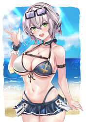  :d absurdres arm_belt bare_shoulders beach bikini bikini_skirt blue_bikini blue_collar blue_skirt blue_sky blush braid breasts chest_belt cleavage cloud collar collarbone commentary cowboy_shot crossed_bangs day eyewear_on_head female glasses green_eyes grey_hair hair_between_eyes hand_up highres hololive large_breasts lens_flare light_rays looking_at_viewer ltsum midriff miniskirt navel no_mole ocean open_mouth outdoors pleated_skirt shirogane_noel shirogane_noel_(summer_2020) short_hair sidelocks skindentation skirt sky smile solo standing sunbeam sunlight swimsuit teeth two-tone_bikini underboob upper_teeth_only virtual_youtuber wavy_hair white_bikini wrist_cuffs 