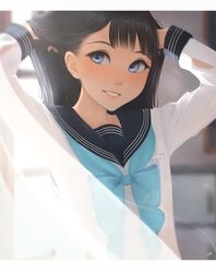  absurdres akebi-chan_no_serafuku akebi_komichi arms_up bad_id bad_pixiv_id black_hair black_sailor_collar blue_eyes blue_neckerchief blunt_bangs commentary_request female hanr10 highres holding holding_own_hair lips long_hair long_sleeves neckerchief parted_lips roubai_academy_school_uniform_(old) sailor_collar school_uniform serafuku shirt smile solo upper_body white_shirt 