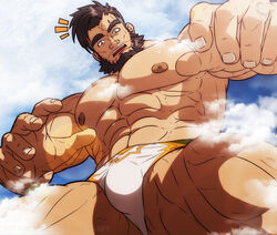  1boy abs artist_logo artist_name bara beard blue_eyes brown_hair bulge cloud cloudy_sky commentary duran_(gyee) english_commentary facial_hair feet_out_of_frame giant gyee large_pectorals leomon32 looking_down male_focus male_swimwear manly mature_male muscular muscular_male navel nipples no_pants open_mouth pectorals short_hair sky solo spiked_hair sunlight teeth thick_arms thick_eyebrows thick_thighs thighs tongue topless_male 