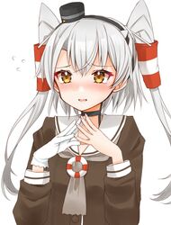  alternate_hair_length alternate_hairstyle amatsukaze_(kancolle) ascot brown_dress cocoperino commentary_request dress female fingers_together gloves grey_ascot hair_tubes kantai_collection lifebuoy_ornament long_hair sailor_collar sailor_dress simple_background single_glove solo two_side_up upper_body white_background white_gloves white_hair white_sailor_collar 