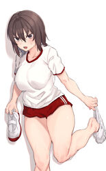  absurdres batatata77 blush breasts brown_eyes brown_hair collarbone commentary_request feet female foot_out_of_frame gym_uniform hair_between_eyes highres holding huge_breasts legs looking_at_viewer medium_hair micro_shorts open_mouth original partial_commentary removing_sock shiny_skin shirt short_sleeves shorts sidelocks simple_background socks solo standing standing_on_one_leg sweatdrop thighs white_background white_footwear white_shirt white_socks 