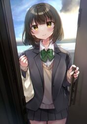  bad_id bad_pixiv_id bag black_hair black_jacket black_skirt blazer blush bow brown_eyes brown_sweater closed_mouth collared_shirt commentary_request dress_shirt female green_bow hands_up highres holding holding_bag jacket long_sleeves looking_at_viewer minami_saki open_clothes open_door open_jacket original pleated_skirt railing school_uniform shirt skirt sleeves_past_wrists smile solo sweater v-shaped_eyebrows white_shirt 