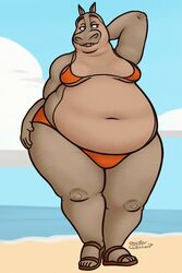  2023 2:3 absurd_res anthro beach belly big_belly bikini bikini_bottom bikini_top breasts clothing common_hippopotamus dreamworks female footwear gloria_the_hippopotamus hand_behind_head hand_on_hip hi_res hippopotamid looking_aside looking_away madagascar_(series) mammal navel obese obese_anthro obese_female one-piece_swimsuit open_mouth overweight overweight_anthro overweight_female oystercatcher7 sand sandals sea seaside signature sky sling_bikini solo standing swimwear teeth thick_thighs tongue water wide_hips 