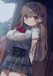  arms_behind_back black_bra bow bowtie bra bra_visible_through_clothes breasts brown_hair button_gap chibi_kyonyuu collared_shirt commentary dutch_angle embarrassed eyes_visible_through_hair female from_side grey_skirt grey_sky hand_on_own_chest high-waist_skirt highres kodama_(sakura_yuki) lace-trimmed_bra lace_trim large_breasts light_particles long_hair looking_at_viewer miniskirt orange_eyes outdoors parted_bangs parted_lips plaid plaid_skirt pleated_skirt rain raised_eyebrows red_bow red_bowtie sakura_yuki_(clochette) school_uniform see-through see-through_shirt shirt shirt_tucked_in short_sleeves sidelocks skirt sky solo standing straight_hair tented_shirt tree two_side_up underwear wet wet_clothes wet_shirt white_shirt 