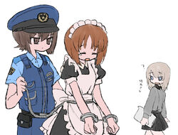  3girls ? alternate_costume apron back_bow belt black_belt black_dress black_skirt blue_eyes blue_pants blue_shirt bound bound_wrists bow brown_eyes brown_hair clipboard closed_eyes closed_mouth commentary cosplay cuffs dress dress_shirt enmaided frilled_dress frills frown girls_und_panzer grey_hair grey_shirt handcuffs hat highres holding holding_clipboard holding_leash itsumi_erika kuromorimine_school_uniform leash long_sleeves looking_at_another looking_back maid maid_apron maid_headdress medium_hair miniskirt multiple_girls nishizumi_maho nishizumi_miho open_mouth pants peaked_cap pleated_skirt police police_hat police_uniform pouch puffy_short_sleeves puffy_sleeves ri_(qrcode) school_uniform shirt short_dress short_hair short_sleeves siblings simple_background sisters skirt standing tearing_up translated uniform white_apron white_background white_bow 