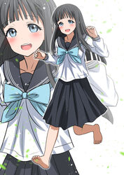  absurdres ai_wa_muteki akebi-chan_no_serafuku akebi_komichi barefoot black_hair black_sailor_collar black_skirt blue_bow blue_eyes blue_neckerchief blunt_bangs bow commentary_request female full_body highres long_hair long_sleeves looking_at_viewer multiple_views neckerchief pleated_skirt roubai_academy_school_uniform_(old) sailor_collar school_uniform serafuku shirt skirt smile soles upper_body white_shirt zoom_layer 