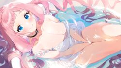  bare_shoulders bath bathing bathtub between_legs blue_eyes blush breasts choker cleavage closed_mouth collarbone copyright_request djheycha dress female hand_between_legs highres long_hair looking_at_viewer medium_breasts original partially_submerged pink_hair ripples smile solo very_long_hair virtual_youtuber water wet white_dress 