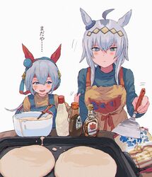  2girls animal_ears apron blue_eyes blush bowl closed_mouth commentary_request green_shirt grey_background grey_hair griddle hair_ornament hairband headband highres holding holding_spatula horse_ears horse_girl kanjin_(gy0n1s0) long_hair long_sleeves motion_lines multiple_girls oguri_cap_(umamusume) open_mouth pancake_mix protected_link shirt shirt_grab spatula syrup table tamamo_cross_(umamusume) translated twitter_username umamusume upper_body watermark yellow_shirt 