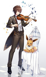  2boys :3 ahoge arms_up black_bow black_bowtie black_jacket black_pants black_shirt blue_eyes boots bow bowtie brown_eyes brown_hair chair chibi chibi_on_head coattails dots eevee elbow_gloves fingerless_gloves formal full_body gloves granblue_fantasy hair_between_eyes high_heel_boots high_heels highres holding holding_instrument holding_violin instrument jacket jiman long_bangs looking_at_viewer lucifer_(shingeki_no_bahamut) male_focus messy_hair multiple_boys multiple_wings music on_head open_mouth pants playing_instrument pleated_shirt pokemon pokemon_(creature) red_eyes reflective_floor sandalphon_(granblue_fantasy) scarf shirt short_hair sitting sitting_on_object smirk sparkle standing traditional_bowtie tuxedo violin waist_cape waistcoat white_background white_hair wing_collar wings 