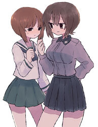  2girls arm_behind_back black_neckerchief black_skirt blouse brown_eyes brown_hair closed_mouth commentary_request cowboy_shot dress_shirt frown girls_und_panzer green_skirt grey_shirt half-closed_eyes highres kuromorimine_school_uniform long_sleeves looking_at_another miniskirt multiple_girls neckerchief nishizumi_maho nishizumi_miho ooarai_school_uniform pleated_skirt ri_(qrcode) sailor_collar school_uniform shirt short_hair siblings simple_background sisters skirt smile standing tears white_background white_sailor_collar white_shirt wing_collar 