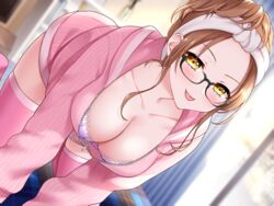  :p abe_hikaru all_fours bed blurry blurry_background blush book bookshelf bra breasts brown_hair city_lights cleavage collarbone curtains dutch_angle female glasses highres hood hoodie indoors large_breasts looking_at_viewer night non-web_source on_bed open_clothes open_shirt original pajamas pink_hoodie purple_bra solo thighhighs tongue tongue_out underwear unzipped window yellow_eyes 