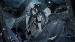  absurdres arm_strap bare_shoulders black_hair breast_curtains bridal_veil colored_skin female grey_eyes grey_skin hair_between_eyes highres lamia_(punishing:_gray_raven) mechanical_arms mermaid midriff monster_girl official_alternate_costume parted_lips punishing:_gray_raven ringed_eyes short_hair_with_long_locks solo underwater veil yanderenasa 