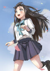  absurdres akebi-chan_no_serafuku akebi_komichi asuka-w black_hair black_sailor_collar black_skirt blue_bow blue_eyes blue_neckerchief blue_sky blunt_bangs bow cloud feet_out_of_frame female from_below highres long_hair long_sleeves neckerchief pleated_skirt roubai_academy_school_uniform_(old) running sailor_collar school_uniform serafuku shirt skirt sky sweat upper_body white_shirt 