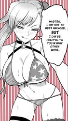  american_flag american_flag_bikini american_flag_print asymmetrical_hair bikini breasts bun_cover collarbone commentary english_text fate/grand_order fate_(series) female flag_print front-tie_bikini_top front-tie_top hair_bun highres huge_breasts long_hair looking_at_viewer miyamoto_musashi_(fate) miyamoto_musashi_(swimsuit_berserker)_(fate) miyamoto_musashi_(swimsuit_berserker)_(second_ascension)_(fate) navel print_bikini shinsaku_(stan-art) single_hair_bun smile solo speech_bubble swept_bangs swimsuit 